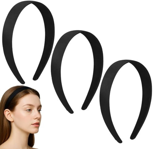 3 Pcs Diademas de Satén, Diademas de Pelo Anchas Lisas, Diademas Mujer, Diademas Acolchadas de Esponja Ancha de 1.5cm, Sencillas, Voluminosas, Simples y Gruesas, de Terciopelo (Negro)