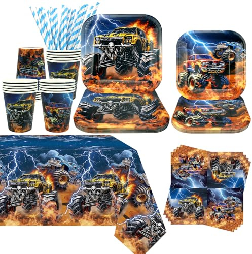 Obussgar Décoration de fête Monster Truck – Vaisselle de fête d'anniversaire Monster Truck comprenant assiettes, tasses, serviettes, nappes, pailles – Pour 20 personnes