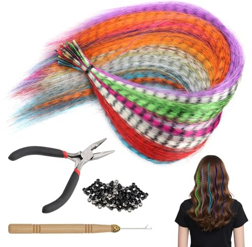 50 Piezas Kits Extensiones de Pelo Colores, Sintetico Extensiones de Plumas con 100Pcs Cuentas, 1Pc Alicates y Gancho, Plumas para el Pelo Para fiestas