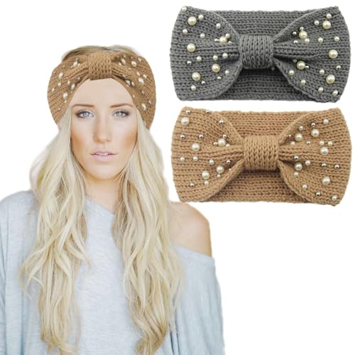 2Pcs Winter Bows Headband Women's Knitted Warm Headbands Ear Warmers Head band Elastic Twist Hair Band Thick for Women and Girls Elastic Crochet Thermal Head bands