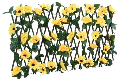 Steckzaun Ohne Graben Gartenzaun Metall,Rankgitter mit Künstlichem Efeu Erweiterbar Gelb 180x20 cm für Garten,Terrasse,Balkon