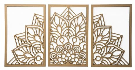 Cuadro mural mandala. Arte de Pared en Madera. Set 3 paneles decorativos boho y Zen. Decoración para el salón y hogar. Mandala decorativo 122 cm x 60 cm (Medio mandala madera)