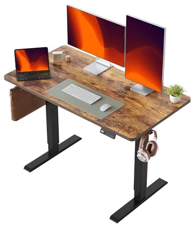 FEZIBO Electric Standing Desk 120 x 60 cm, Height Adjustable Computer Desk with Memory Presets, Sit Stand Home Office Desk, Black Frame with Vintage Brown Top