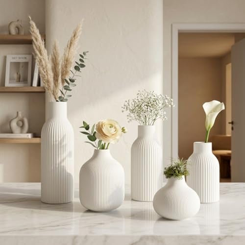 OFFASST Weiß Keramik Vasen Set 5-teilig | Iconic Home Vase für Pampasgras & Trockenblumen | Moderne Tischdeko | Neutral Boho Skandinavische Vase Hoch für Wohnzimmer