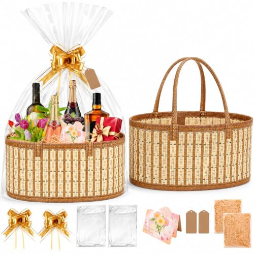 Myfivo 2 Set Bambus Geschenkkorb leer mit Schleife, Füllmaterial Geschenk | Grußkarten, Etikett, Geschenkfolie transparent, 30 x 20 x 15 cm Präsentkorb leer, geeignet für Geschenke, Partys (B-Braun)