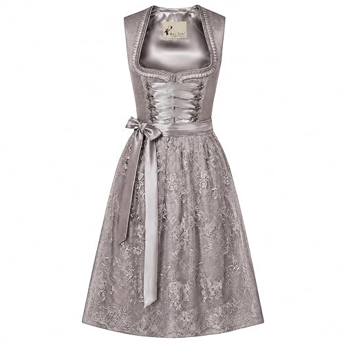 Alte Liebe Dirndl – Damen Trachtenkleid Grau (Midi 60 cm) – Spitzen-Schürze, Taschen, Oktoberfest & Wiesn Outfit