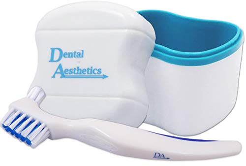 Denture Bath & Brush ~ Storage Container for Soaking Dentures, Brush with Double Bristle Head (Blue Bath)