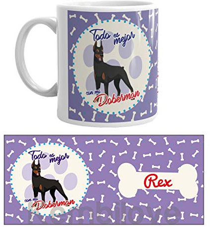 Kembilove Taza de Café de Perro Doberman Personalizada con Nombre – Taza de Desayuno Razas de Perro – Taza de Café y Té Mascota – Taza de Cerámica Impresa – Tazas de Perro Doberman