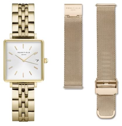 Rosefield Geschenkset The Boxy Armbanduhr Weißes Ziffernblatt Strahlenmuster Gold mit 2 Armbändern in Gold - BMWMG-X240