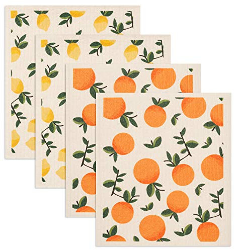GMIcréatifs Paquete de 4 paños de cocina suecos con estampado de limones amarillos y naranjas, reutilizables, paños de limpieza de cocina, lavables a máquina, mide 20 x 17,5 cm.