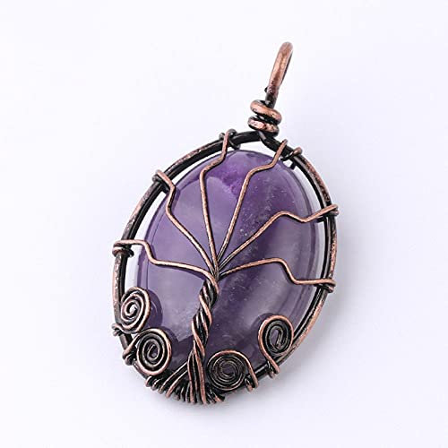 Collares con Colgantes De Piedra para Mujer,Piedras Ncklaces of Women Copper Wire Winding Oval Romantic Amethyst Natural Semi-Precioso Fewellery Pendant Yoga Reiki Chakra Stone For Ladies Mamá Novi