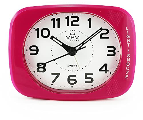 MPM Quality Design Kunststoff Wecker, Alarm Clock, Pink, Modern, Analog, aufsteigender Alarm, Snooze, Schlummerfuntion, LED Nachtlicht, Tisch Dekoration für Home, Wohnzimmer, Schlafzimmer, Büro