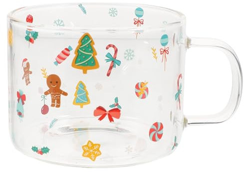 HEMOTON Frühstückstasse aus Glas mit Henkel, weihnachtliche Heimdekoration, Glastasse für Kaffee und Tee, Weihnachtstasse, Blumen-Teetasse, Weihnachtssafttasse für Kaffee, Milch, Geschenkdekor, 350ml