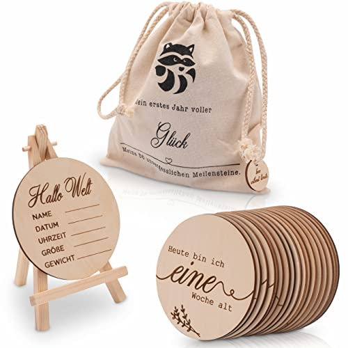 Meilensteinkarten Baby Holz mit Mini Staffelei aus Holz und Stoffbeutel, 36 Meilensteine zur Erinnerung für die Ewigkeit, als Geschenk zur Geburt und zur Babyparty für Schwangere