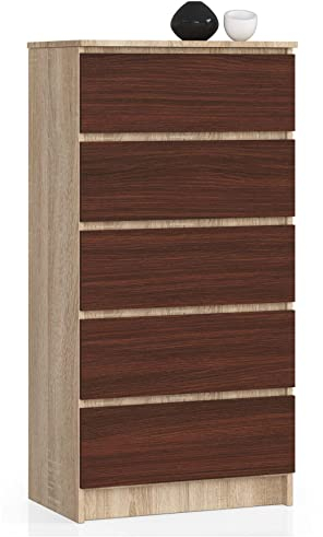 AKORD Kommode K60 mit 5 Schubladen | für das Wohnzimmer Schlafzimmer Schrank Büro Arbeitszimmer | Modernes Funktionales Design | B60 x H121 x T40 cm, Gewicht 39kg | Sonoma Eiche/Wenge