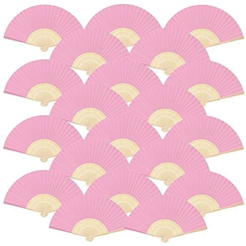 FEPITO 20 Pieces Handheld Pink Paper Fan Paper Folding Fans with Bamboos for Wedding Gift, Party, Home