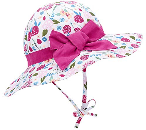 Durio Sonnenhut Kinder Baby Mädchen Sommerhut Sonnenschutz UPF 50 Sommer Kinderhut Fischerhut mit Breite Krempe Weiß mit Rose XL 2-4 Jahre