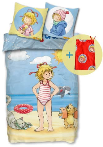 Conni Bettwäsche 135x200 80x80 Kissen-Bezug [mit extra Beutel] 100% Baumwolle Bettbezug mit Reißverschluss | Kinder-Bettwäsche Mädchen Conni und Kater Mau Conni Geschenk ÖKO TEX Standard