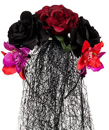 Halloween Schleier Rose Flower Stirnband mit Langen Schleier Rose Mesh Schleier Lang Vintage Haarreifen Halloween Schleier Rose Floral Schleier Haarschmuck Stirnband Haarreif Kopfschmuck Schwarz Rot