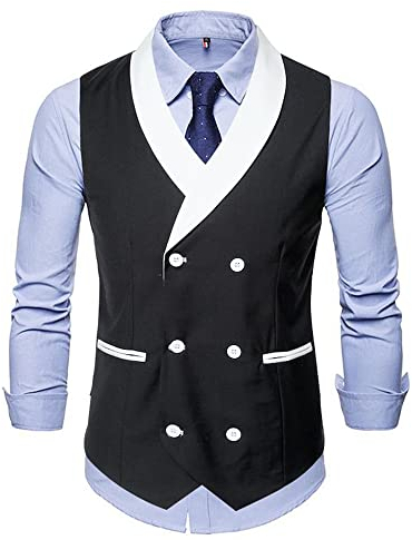 LQX Blazer Jacke Herren Slim Fit Business Weste Herren Ärmellos/Langarm Anzug Herren Basic Revers Weste Zweireihig Farbkontrast Design Taschen Jacken Herren E-Black2 XL