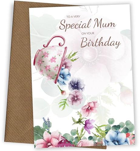 Traditional Mum Birthday Card for Mother Female Adult - Floral Tea Cup Bday Cards for Her with Lovely Words - Watercolour Birthday Card for Mum Female