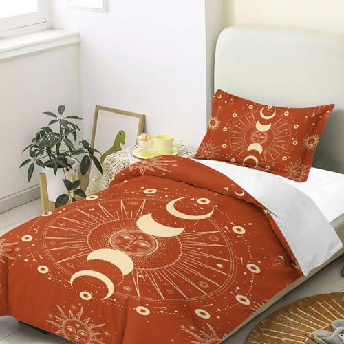 HOMHOMHA Single Duvet Cover Set Bedding - Mystic Sun & Moon Design -Burnt Orange & Rust Red Duvet 135x200cm+pillowcase 50x75cm - Ultra-Soft Microfiber for Adults/Teens