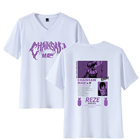 Männer und Frauen japanische Comic Kettensäge Mann V-Ausschnitt kurzärmliges T-Shirt lässig lose gedruckt kurzärmliges T-Shirt