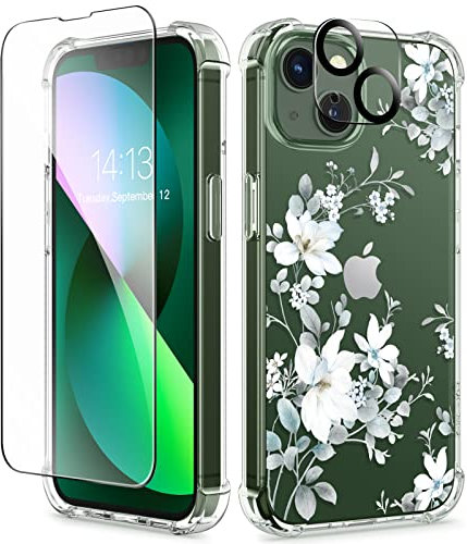 GVIEWIN Coque Compatible avec iPhone 13 6.1 2021, avec Verre Trempé Protection écran+Caméra Protecteur, Fleurs Transparent Claire Housse de Protection Antichoc Fine TPU Souple Etui, Aconit/Bleu