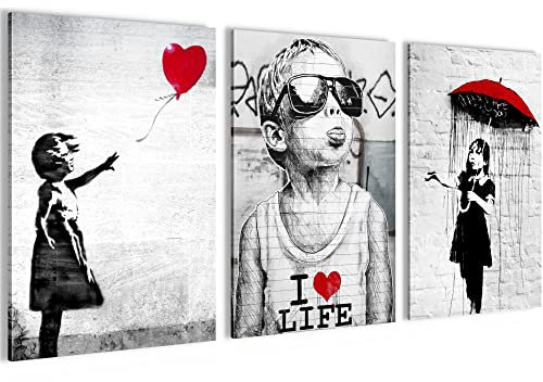 Novart Bilder Set Banksy Collage - Kein Extra Rahmen benötigt - Wandbilder für Wohnzimmer Büro Loft - 3 Teilig Deko Street Art - N003136a