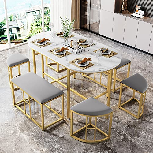 KecDuey Essgruppe,(Essgruppe Set, mit Esstisch, 4 kleinen Hockers und 2 großen Hockers),Moderner Küchen Esstisch Set ausStahlrahmen 140 * 70 * 76cm, belastbar 120 kg (Gold)