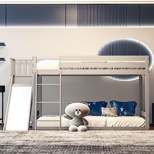 GBHJJ Kinder Etagenbett/Hochbett, Buche massiv, mit oder Rutsche und Regal, Etagenbettrahmen, Spielbett, Jugendbett, Etagenbett, ohne Matratze(Farbe: Weiß lackiert),Grey