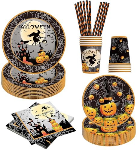 ASSUGO Halloween Geschirr 50-teiliges Set, Partygeschirr aus Pappteller, Becher, Strohhalme - Tischdeko für Kinder, Grusel Party, Garten (10 Stück)