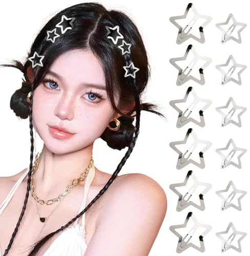 BOFUNX 12 Stücke Stern Haarspangen Silber Y2K Haarschmuck Pentagramm Hair Clips für Mädchen und Frauen, 2 Größe 3cm 4cm
