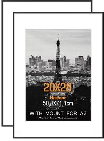 Hesmor Picture Frames 50cm x 70cm Frame Aluminum Acrylic Picture Frames in Black, Large 20 x 28 inch Photo Frame - Set of 2 with Clear Plexiglass Wall Mount Frames with Mat for A2 Posters