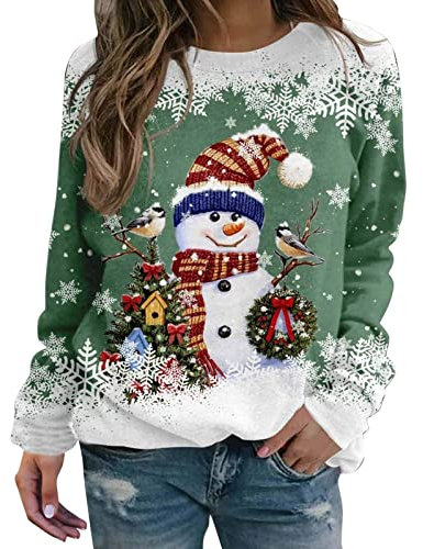 Weihnachtspullover Damen Langarmshirt, Pullover Weihnachten Damen Sweatshirt,Weihnachtsshirt Damen Langarm mit Schneemann Weihnachtsmotiv Große Größen Weihnachts Tshirt für Frauen Teenager Mädchen