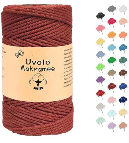 Uvolo Makramee Garn3mm x 200m, Baumwollgarn, Macrame Kordel für Basteln, Pflanzenbügel(Goldene Nadel rot)