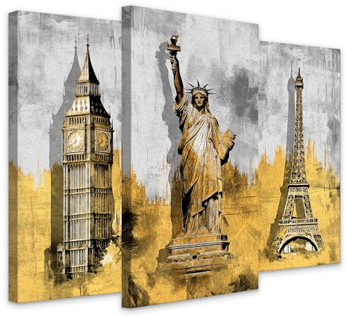 Muralo Wandbilder 3er-Set, Big Ben, Freiheitsstatue,Eiffelturm - 20x40 cm | Leinwandbild, Modernes Design, Aufhängefertig, UV-beständig - ideal für Wohnzimmer und Schlafzimmer, edle Optik