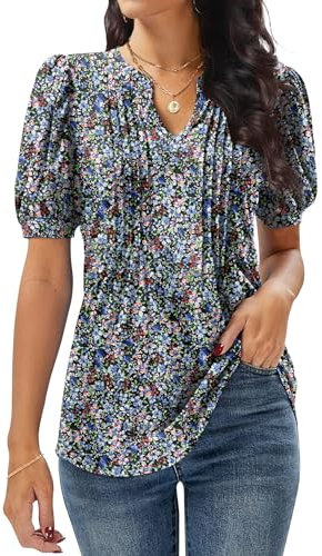 GRECERELLE Ladies Shirts V Neck Pleated Blouses Ruffle Short Sleeve T Shirts for Women UK Elegant Summer T-Shirts Blouses for Women UK (Black + Anemone, L)