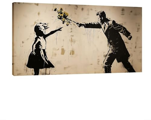 HNKDKJ Banksy Leinwand Gemälde Graffiti Hinter dem Vorhang Ballonmädchen und Mann werfen Blumenstrauß Banksy Art Street Poster und Drucke 55x105cm/22x41inch -Inner-Frame