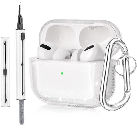 VISOOM Kompatibel mit Airpods Pro 2/Pro Case Cover mit Reinigungsset, Transparente TPU Schutzhülle für Airpod Pro 2nd/1st Generation(2022/2019) mit Karabiner[Front LED sichtbar],Shinyclear