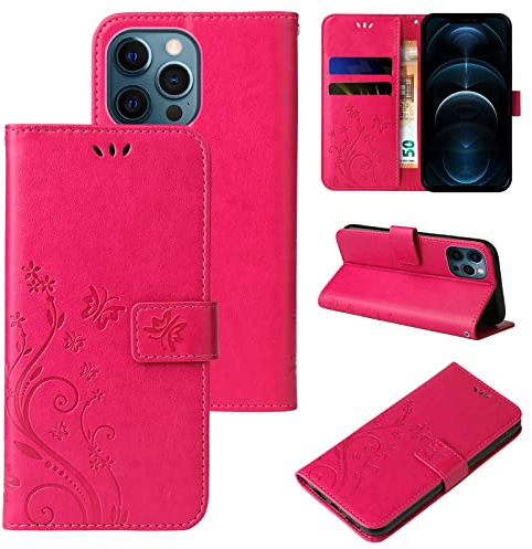 LBH Handy Hülle für Apple iPhone 12 Pro Max Case Handytasche Schmetterling Blumen Flower Standfunktion Schutzhülle Magnet Rundum Schutz 360 Grad Flipcase Cover Pink