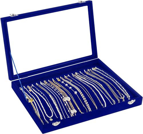 mepure Jewellery Organiser Necklace Box, Velvet Necklace Organiser with Clear Lid, Necklaces Display Stand with 20 Hooks and Lockable, Jewellery Box Insert for Necklaces (Blue)