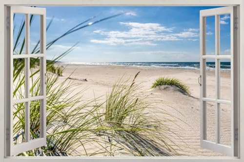 HUBDECO - Wandtattoo - Wanddeko - Selbstklebende Folie - Wandsticker - Fototapete 3d Effekt - Selbstklebende Tapete - Fenster & Meer Motiv - Strand Sanddünen - 150x100cm