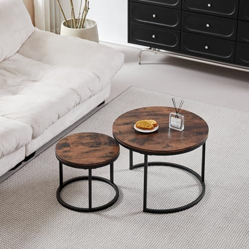DEYARNA HOME Table Basse Ronde Industrielle Lot de 2, Table D'appoint pour Salon, Tables Basses Gigognes avec Structure en Métal. Grande: 60cm*60cm*45cm; Petite: 40 * 40 * 35cm (Brun Rustique+Noir)