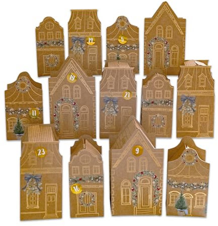 Papierdrachen Adventskalender 2025 Häuser Altstadt Packpapier - Faltschachteln - Häuschen - Advent - zum selbst Basteln und Befüllen Weihnachtsdekoration - für Erwachsene und Kinder - Set 02