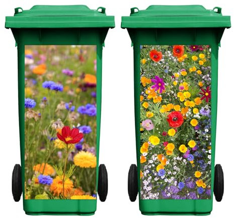 Nezyo 2 Sheets Wheelie Bin Stickers, Wildflowers Dustbin Sticker Decorative Self Adhesive Waterproof Large Floral Bin Decal for Dustbin Fridge Wall Indoor Outdoor Home Decor, 14. 37 x 30. 71 Inch