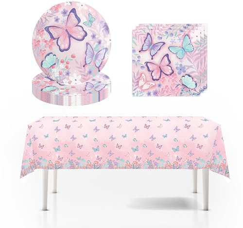 Schmetterling Partygeschirr Set, Schmetterling Deko Geburtstag, Partygeschirr Set, für Kinder Geburtstagsfeier Deko Tisch Geburtstag Set für Kinder Mädchen Jungen (rosa Schmetterling)