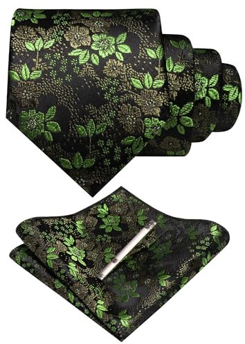 JEMYGINS Set di cravatte e fazzoletti da uomo con fermacravatta disponibili, Verde canna/verde cristallo, M