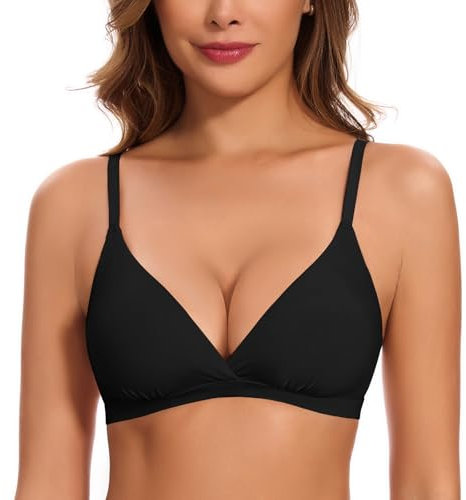 WOWENY Padded Bras for Women Non Wired Bralette Deep-V Plunge Triangle Seamless Ladies Sleep Bra Comfort Soft Black XL