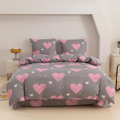 Cotton Market sängkläder – sängkläder bomull – sängkläder set 3 delar – påslakan 200 x 200 cm och 2 örngott 70 x 80 cm – rosa hjärta (grå)